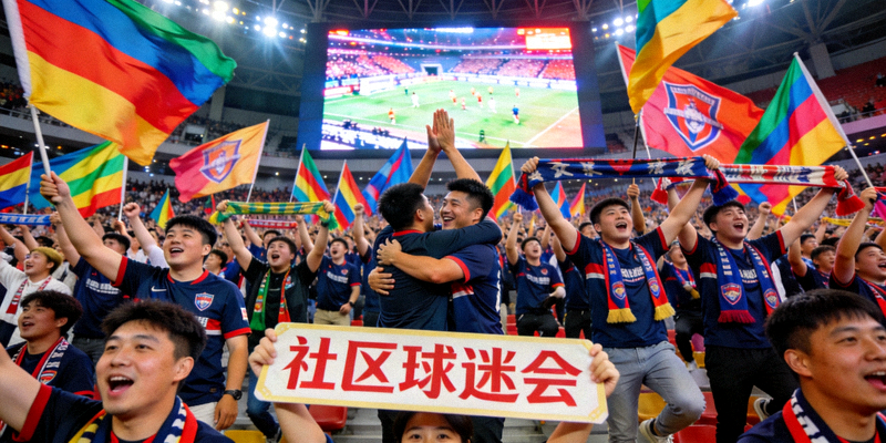 一群球迷在体育场欢呼庆祝，展现社区的热情氛围